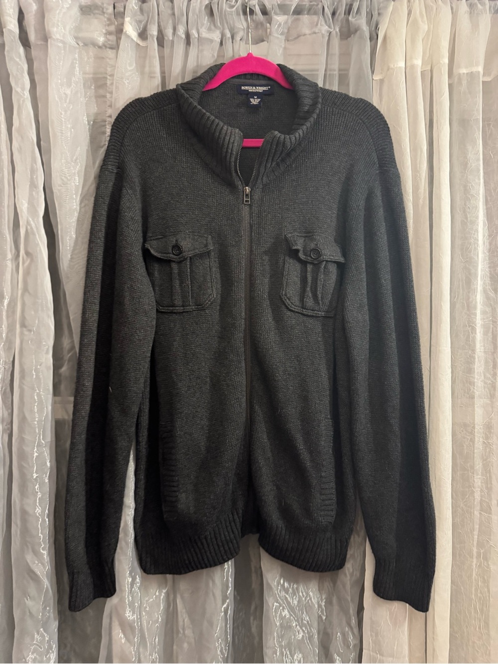 Bowen & Wright Menswear Charcoal Full-Zip Sweater with Chest Pockets